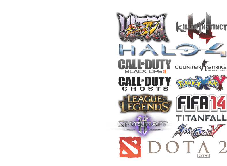 Street Fighter IV, Hallo 4, Call of Duty, FIFA 14, DOTA2, Starcraft 2, Counter Strike, League of Legends